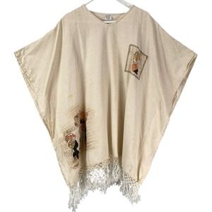Magic Linen Blend Kaftan Poncho Top Women 1X Beige Tassel Fringe African Art